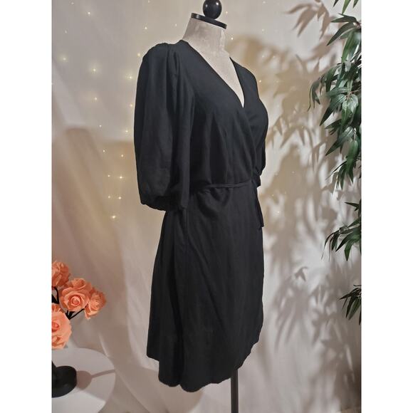 Old Navy Waist-Defined Puff-Sleeve Linen-Blend Mini Wrap Dress Size M Tall Black - Picture 3 of 10
